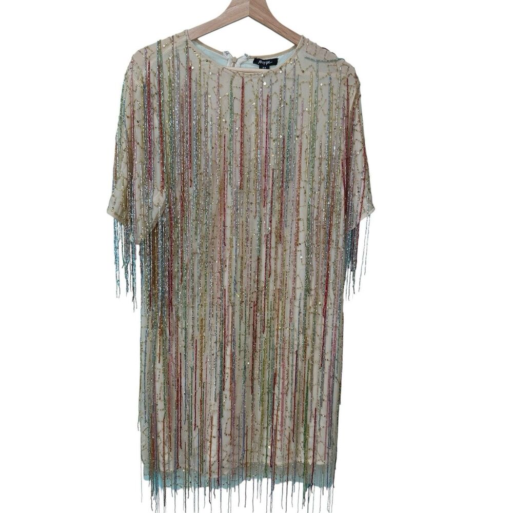NastyGal NEW Tassel Beaded Mini Shift Dress Women 14 Cream Concert Festival